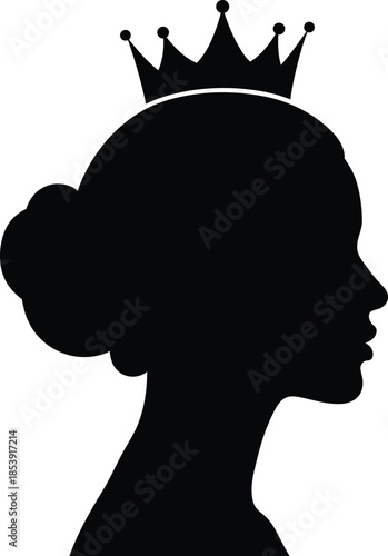 Elegant princess queen woman profile silhouette with royal crown. Beautiful female head side view. Fairy tale fantasy. Vector illustration