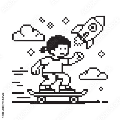 Pixel art illustration of a child skateboarding with a rocket boost
