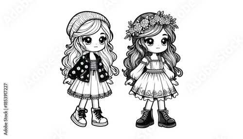 Vector illustration of cartoon fashion girl black and white drawing For children to learn to color according to the picture.