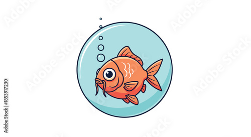 Happy orange goldfish swimming inside a round blue water bubble with small oxygen bubbles rising to the top.