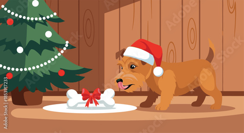 Small brown dog wearing a red santa hat and licking its nose while looking at a bone shaped gift under a christmas tree.