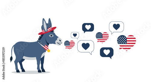 Donkey mascot for the Democratic party wearing a patriotic hat and scarf with speech bubbles containing hearts and US flag symbols.