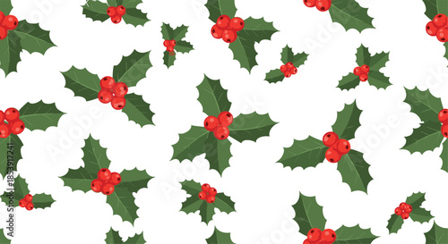 Festive holiday pattern featuring red holly berries and green leaves scattered across a clean white background for seasonal decorations.
