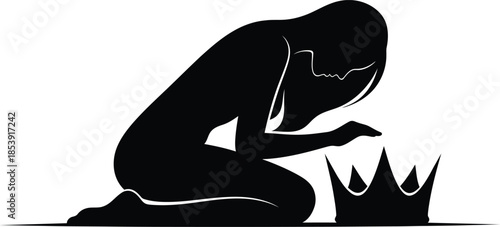 Sad queen kneeling beside fallen crown. Graphic silhouette of woman in despair, symbolizing loss of power. Vector illustration