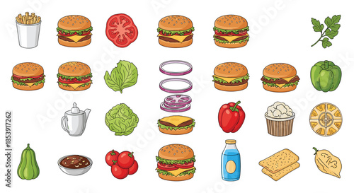 Assorted fast food ingredients including hamburger buns, cheese, meat patties, vegetables, and condiments isolated on a white background.