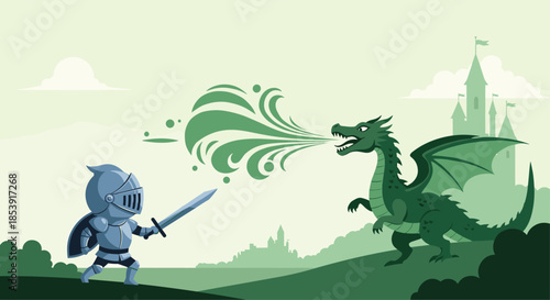 Brave knight in armor wielding a sword against a giant green fire-breathing dragon in a fantasy landscape with a castle in the distance.