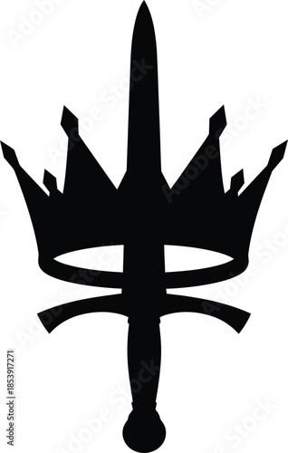 Royal crown and sword graphic silhouette logo. Medieval power, justice, authority emblem. King, queen, knight, warrior design. Vector illustration