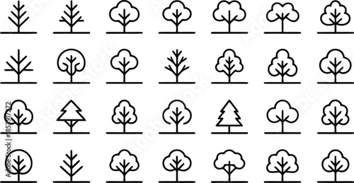 A large collection of outlined tree icons showcasing diverse shapes and styles for nature and environment themes