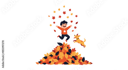 Excited young boy jumping into a large pile of colorful autumn leaves while his playful pet dog leaps beside him in the garden.