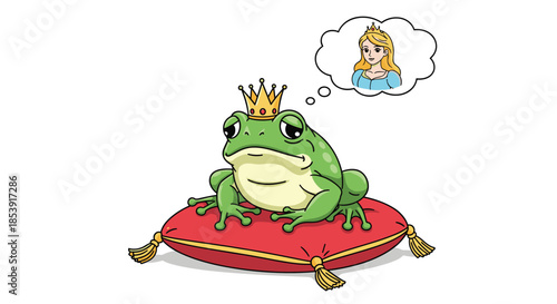 Royal frog wearing a gold crown sitting on a red velvet cushion while dreaming of a beautiful princess in a thought bubble.