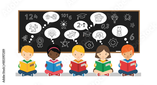 Diverse group of school children sitting on the floor reading books in front of a chalkboard filled with various educational icons.
