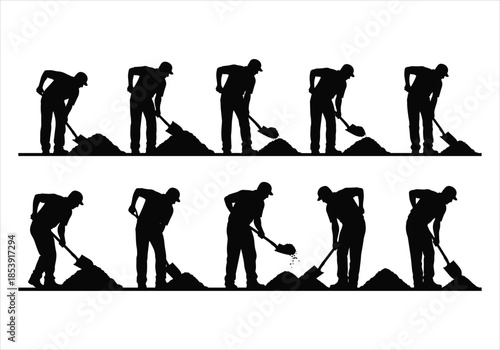 Silhouettes of Workers Digging with Shovels in Two Rows on White Background soil earth