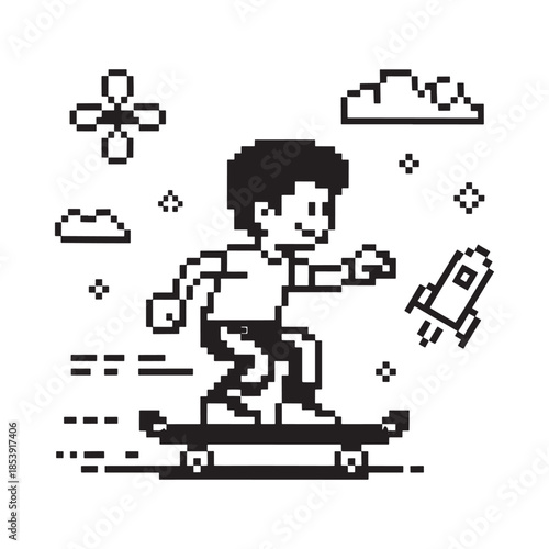 Pixel art illustration of a boy skateboarding with a rocket and clouds