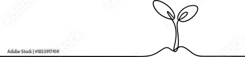 A minimalist single continuous line drawing depicting a small plant sprout emerging from the soil