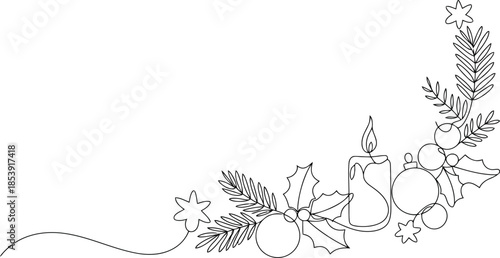 A minimalist single line drawing depicts a curved festive Christmas border with a candle holly and ornaments