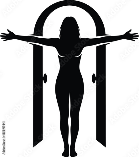 Female silhouette in open doorway with outstretched arms. Freedom, opportunity, new beginning concept. Vector illustration