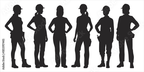 Six female construction worker silhouettes in hard hats and work clothes Keywords: female, construction, worker, silhouette, hard