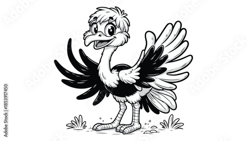 Vector illustration of cartoon Common ostrich bird waving wing greeting black and white drawing For children to learn to color according to the picture.