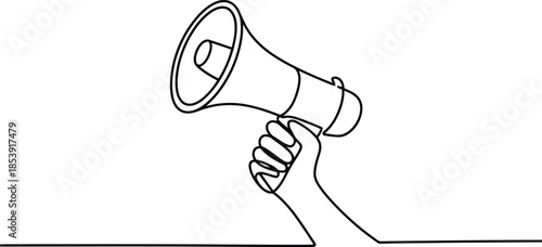 A powerful single continuous line drawing of a hand firmly gripping a megaphone for making announcements