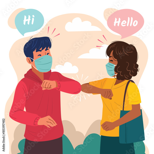 People wearing face masks and greeting each other with elbow bump, covid-19 pandemic illustration