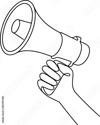 A powerful continuous line drawing depicts a human hand holding a megaphone ready for communication