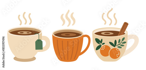 Cozy Fall Beverages. Set of three decorative mugs with hot coffee or tea featuring autumn patterns and warm aesthetic for seasonal lifestyle concepts.