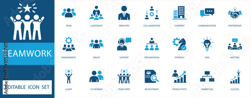 Teamwork Icon Set. featuring leadership, partnership, strategic planning, human resources, recruitment, and corporate management flat vector icons.