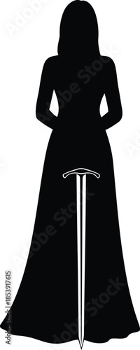 Elegant silhouette of a powerful woman warrior holding a sword. Mysterious medieval fantasy queen or princess. Vector illustration
