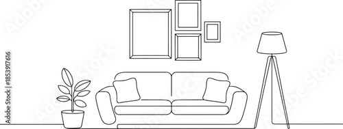 A simple one line drawing shows a stylish living room interior with a sofa, plant, and floor lamp