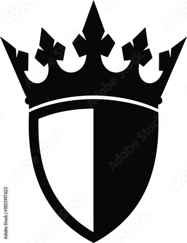 Elegant royal crown and shield silhouette logo design. Classic heraldic emblem representing power, protection, and authority. Simple vintage monarchy symbol. Vector illustration