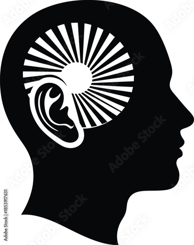 Human head silhouette with ear and sunburst brain. Concept of listening, thinking, intelligence, and creative ideas. Vector illustration