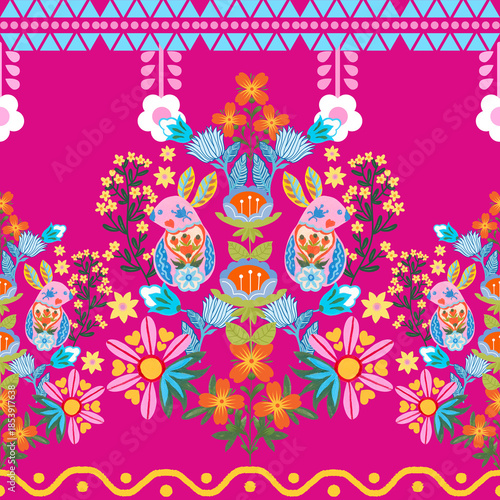 The beautiful of flower with animal folklore ornament arrangement blooming foliage leaves watercolor