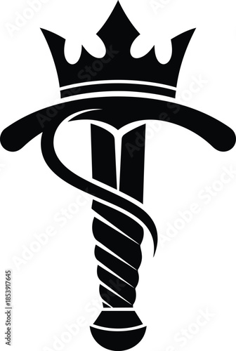 Royal crown and sword silhouette logo design. Majestic medieval fantasy emblem of power and authority. Elegant warrior symbol. Vector illustration