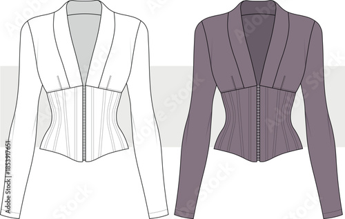 Women's blouse with waist corset detail flat sketch, fashion technical drawing, illustration. Front view, top vector. CAD, Mockup.