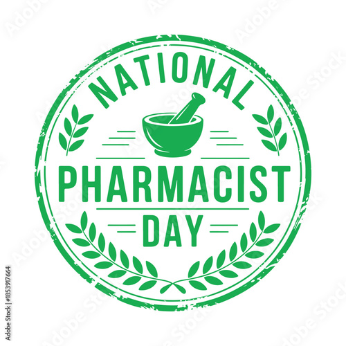 National pharmacist day emblem with mortar and pestle and laurel wreath design