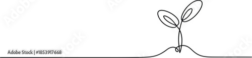 A single continuous line drawing depicts a small plant sprout emerging from the ground on a clean white background