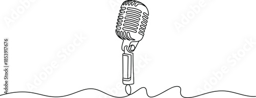 A single continuous line drawing depicts a classic vintage studio condenser microphone standing on a white surface