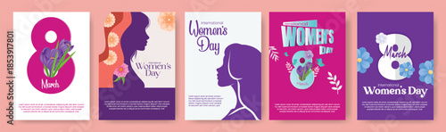 International Women’s Day A4 print flyer and poster template set with 8 March brochure cover layouts pack, floral vector backgrounds bundle and modern female face silhouette artwork collections
