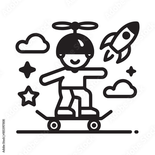 A child dreams of space travel while skateboarding with rockets and clouds