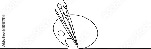 A smooth continuous single line drawing showing an artists paint palette with three different brushes