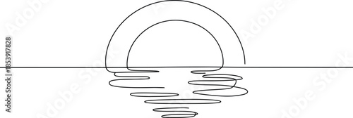 A smooth single line drawing depicts a sun or moon descending or ascending with reflections on water