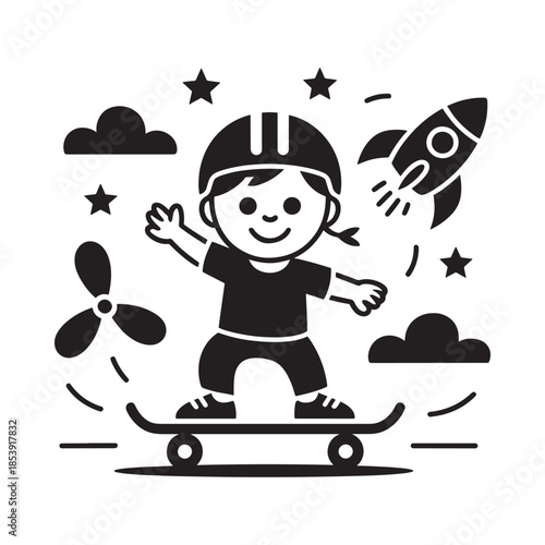 A young boy skateboarding with dreams of space exploration and flight