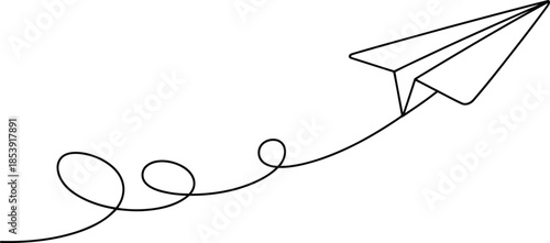 Black continuous line drawing depicting a simple paper airplane with a curved flight path