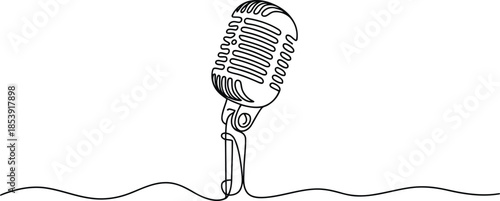 A vintage retro style broadcast microphone appears in a striking continuous single line drawing