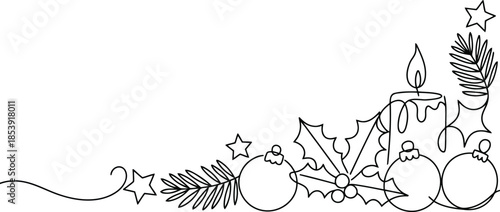 Elegant continuous line drawing forms a decorative Christmas corner with a candle, baubles, and natural foliage