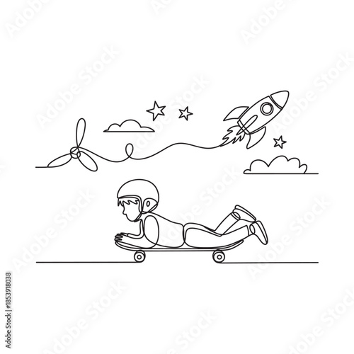 A boy on a skateboard follows a rocket ship drawn with a single line