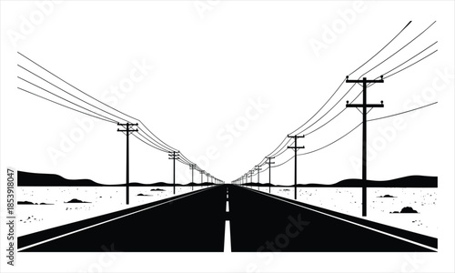 Straight Highway with Telephone Poles and Desert Landscape road power lines