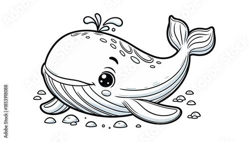 Vector illustration of cartoon whale black and white drawing For children to learn to color according to the picture.
