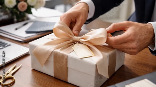 Professional Change Promotion concept. Gift box with ribbon on a desk, hands preparing for presentation.