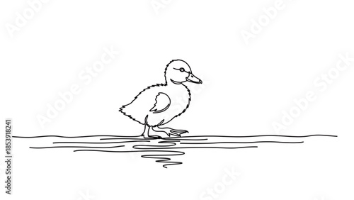 High-quality black continuous line art of duckling waddling near water, cute bird, minimalist wildlife illustration